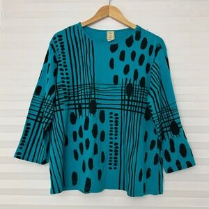 Jess & Jane USA Turquoise Black Abstract Graphic Cotton Top 2X Art to Wear